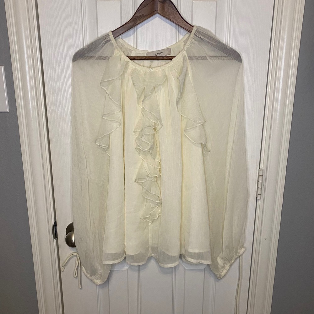 Loft Ivory Ruffle Front Sheer Chiffon Blouse Tie Cuff Size Large Boho